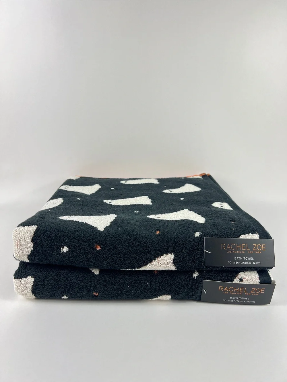 Rachel Zoe Bath Towels Black Cream Ghosts Halloween Fall Soft Cotton 2 Pc NEW